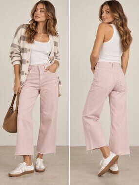 AMO Marjorie Pink Wide Leg Cropped Raw Hem Jeans Size 28